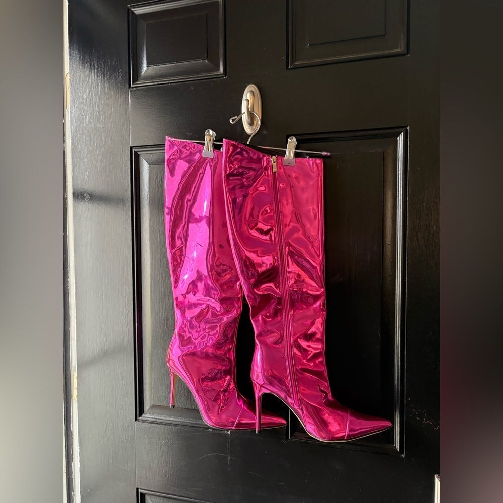 Metallic Pink Patent Leather Tall Stiletto Boots Size 9.5 - Picture 6 of 15